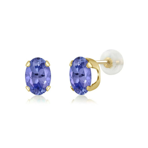 Gem Stone King 1.64 Ct 7x5mm Blue Tanzanite AAA 18K Yellow Gold Plated Silver Stud Earrings 